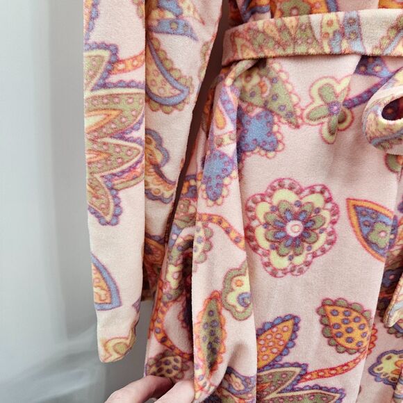 Vintage Sears At Home Wear Belted Robe M/L Paisley Print Fleece Pockets Pink 70s - Picture 6 of 7